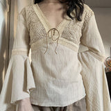 Fongt Fabric Splicing With V-Neck Horn Sleeve T-Shirt Woman 2025 Thin New Top Girl