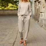Women Long Sleeve Sets 2PC Autumn Suits Solid Casual Long Cotton Pants O Neck Blouse Loose Harem Trousers Oversize