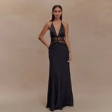 Fongt Summer New Women's Deep V-Dress Long Dress Lace Perspective Sexy Bodydress Dress Woman
