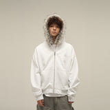 Fongt Selling Vintage Fur Collar Couple Hooded Zip Open-Air Jacket Oversize Design Niche Coat