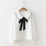New Solid Ruched Button Up Blouse Ribbon Lace Up Long Sleeve Peter pan Collar Shirt Sweet Girls Loose Plus Size Top