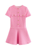 Fongt Women's New Pocket Round-Neck Texture Short-Sleeved Dress 7062