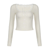 Desire For Sweet American Collar Lace Lace Splicing Tie Long-Sleeved T-Shirt Female Bow Knot Waist Thin Knitted Blouse-Outfit