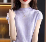 Summer New Half-High Collar Knitted Short-Sleeved Women's Thin T-Shirt With Loose Knitted Half-Sleeved Vest