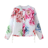 Fongt Summer Women's Retro Loose-Fitting Round-Neck Long-Sleeved Flower Print Drawstring Cotton Coat