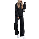 Fongt New Hot Pure Color Knitted Jacket High-Collar Sweater Set Loose Top + Pants Women