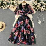 Fongt V-Neck Print Chiffon Dress Women's Waist Thin Temperament Lotus Leaf Side Short Sleeves To Close The First Love Fairy Dress