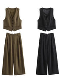 Fongt Women's Autumn New Dress V-Neck Short Vest High-Waist Broad Leg Trousers Commuting Suit