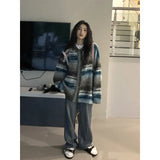 Striped Knitted Cardigan Women Streetwear Gradient Sweater Coat Harajuku Plus Size Knitwear Korean Patchwork Jumper Tops-Outfit