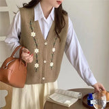 Hsa 2022 Women Sweater Vest Cardigans V neck Floral Embroidery Knitted Winter Tops Korean Fashion cardigan mujer