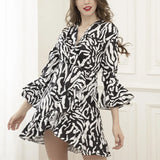 New Spring And Summer Independent Station Women's Black-And-White Striped Flared Sleeve Irregular Dress-Outfit