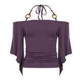Fongt New Retro Stripe Shoulder Horn Sleeve T-Shirt Hottie Beaded Neck Small Repair Body