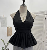 Fongt Retro Hanging Neck Tie With Bare Back Sling Skirt Folded Short Sleeveless Top Woman 9225