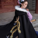 Ancient Black Hanfu Cloak Women Chinese Style Princess Costume Female Autumn Winter Warm Embroidery Hooded Cape Coat-Outfit