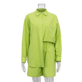 Fongt New Solid Color Single Breasted Long Sleeve Lapel Shirt Shorts Loose Fashion Casual Suit-Outfit