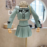 Autumn Winter Tweed 2 Piece Set Women Sweet Sexy Bow Short Jacket Coat + High Waist A-line Skirt Suits Korean Vintage