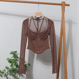 Sexy Hot Tie Tie With Hanging Neck Long-Sleeved Mesh T-Shirt Repair Short Open Fork Cuff Top