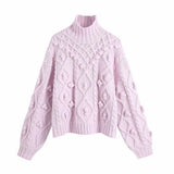 Fall Winter Women Knit Sweater High Neck Pompom Warm Thicken Chic Pink Women Sweaters Casual Fashion Pullover