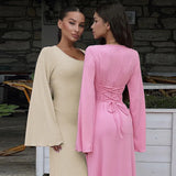 Fongt Women's New Autumn New Fashion Loose U-Neck Back With Long-Sleeved Dress-Outfit