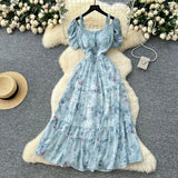Fongt Famous Breeze Mashed Flowers Bubble Sleeves With Dress Women Summer Waist Repair Royal Sister Temperament Beautiful Long Dress