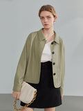Polo Collar Full Drop Sleeve Leather Jacket Loose Short Straight Jacket Office Lady Solid Single Breasted