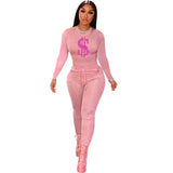 Solid Women Skinny Two Piece Sets Spring Bodycon Tracksuits Dollar Print Top And Leggings Pants 2pcs Outfits 2022