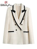 Women Tweed Blazers Thick Winter Elegant Slim Fit Pink Office Ladies Long Sleeve Pocket Coats Jacket Female Outerwear-Outfit