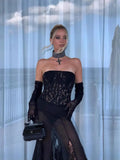 Autumn/Winter 2024 New Black Lace Breast Dress Long Dress Women's Gloves Three-Piece