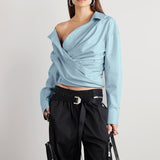 Fongt 2024 New Niche Design Irregular Cross Off-Shoulder Design Sense Long-Sleeved Shirt Women's Simple Top-Outfit