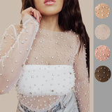 Fongt Spring And Summer Explosion Of Women's Clothing Beads Big Diamond Perspective Mesh Top