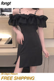 Women Solid Side-slit Leisure Spaghetti Strap Party Summer Stylish All-match Female Vestido Cozy Korean Style