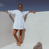 Ruffles Elastic Waist Loose Straight White Mini Dresses Half Sleeve Shirt Dress 2020 Summer Fashion Woman Boho