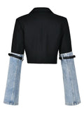 2024 Autumn New Fashion Women's Denim Patchwork Blazer Notched Collar Single Button Long Sleeve Short Suit Jackets TH5165-Outfit