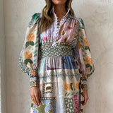 Fongt New Women's Temperament Commuting Print Painted Long-Sleeved Fashion Dress