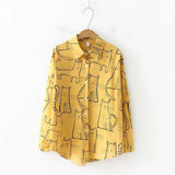 New Arrival Cartoon Cat Print Button Up Blouse Long Sleeve Turn Down Collar Shirt Sweet Girls Loose Plus Size Top