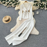 Fongt Goods Fashionable Wearing A Famous Man's High-Level Feeling Strapped With A Waist Suit Collar Long-Sleeved Knitted Top High Waist Broad Leg Trousers