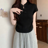 Chinese Buckle Design Positive Shoulder Short Sleeve Knit Shirt Girl Summer Thin Temperament With Short Cheongsam