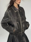 2024 Women's Leather Personality Street Sweet Cool Black Bow Leather Jacket Jacket Female-Outfit