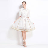 Fongt New Famous Summer Retro Collar Single Buckle Lace Lantern Sleeve Dress