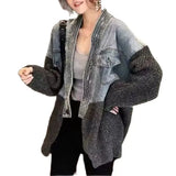 Knitted Patchwork Denim Jackets Spring Autumn New Casual Long Sleeve Female Clothing Commute Korean Pockets Button Coats-Outfit