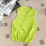 Fongt Chic Summer French Niche Polo Collar Sleeveless Knitted Top Girl Slime With Solid Color Vest