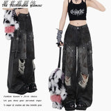 Fongt Multi-Pocket Work-Wear Ripped Jeans Women's Summer Design Feel Loose High-Rise Straight Broad Leg Pants