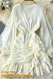 Women Chiffon Derss Spring Autumn Sexy V Neck Ruffles Bodycon Dresses Ladies Slim Pleated Beach Party Dress