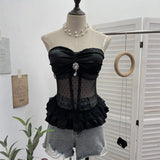 Fongt Eager Heavy-Working Transduce Mesh Lace Spliced Ribbon Ribbon Strap Chest Pad Tector Blouse 2721