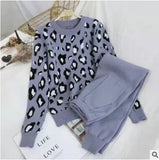 Women's Long Sleeve Knit Leopard Pullover Sweaters+Elastic Waist Pants Sets Fashion Trousers Two Pieces Costumes