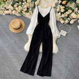 2022 Women Two-piece Suit Bottoming Shirt Tops + All-match Suspender Wide Leg Pants Jumpsuit Sets 2Pcs Femme