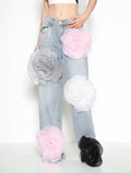 Fongt Small Style 2024 Autumn New Heavy Industry Design Sense High Waist Straight Tube Three-Dimensional Flower Splicing Jeans-Outfit