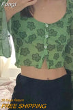 Floral Print Green T-shirt Y2K Aesthetics Mesh Buttons Flare Sleeve Crop Tops 90s Women Vintage Clothes Summer