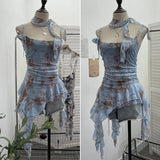 Fongt Shooting Retro Tie-Dye-Print Mesh Sling Sling Sling Vest Irregular Lotus Leaf Edge Ribbon Sleeveless Top 1185