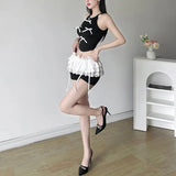 Fongt Summer New Women's Bow Decoration Hanging Neck Small Vest Lace Shorts-Outfit